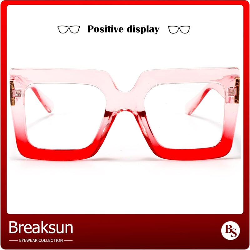 Breaksun Oversized Blue Light Glasses for Women Fashion Thick Square Computer Eyewear Non-Prescription Black Glasses (Pink Red) - Image 3
